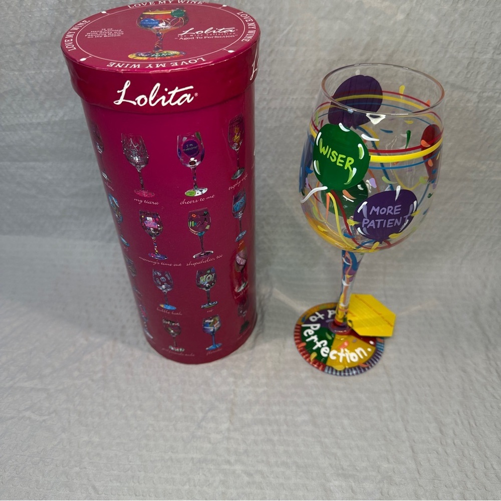 Lolita "Aged to Perfection" Hand-painted Artisan Wine Glass 15 oz. NIB